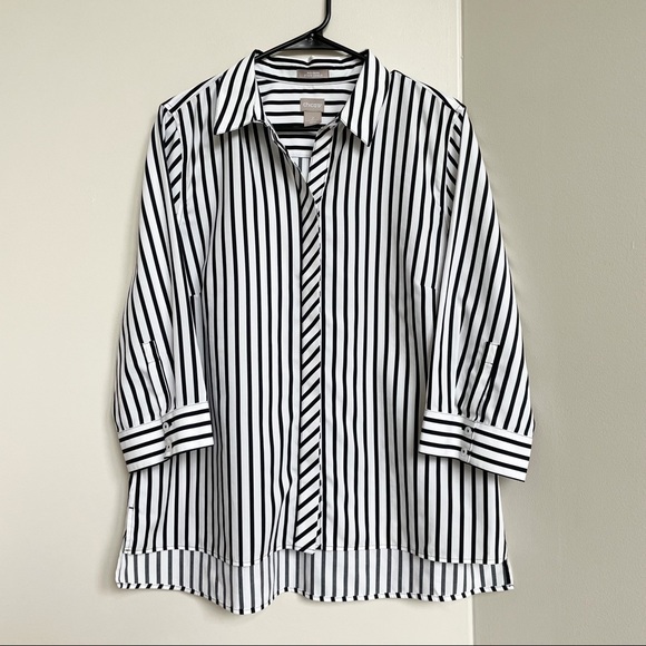 Chico's Tops - Chico’s Button Front Black + White Striped No Iron Top